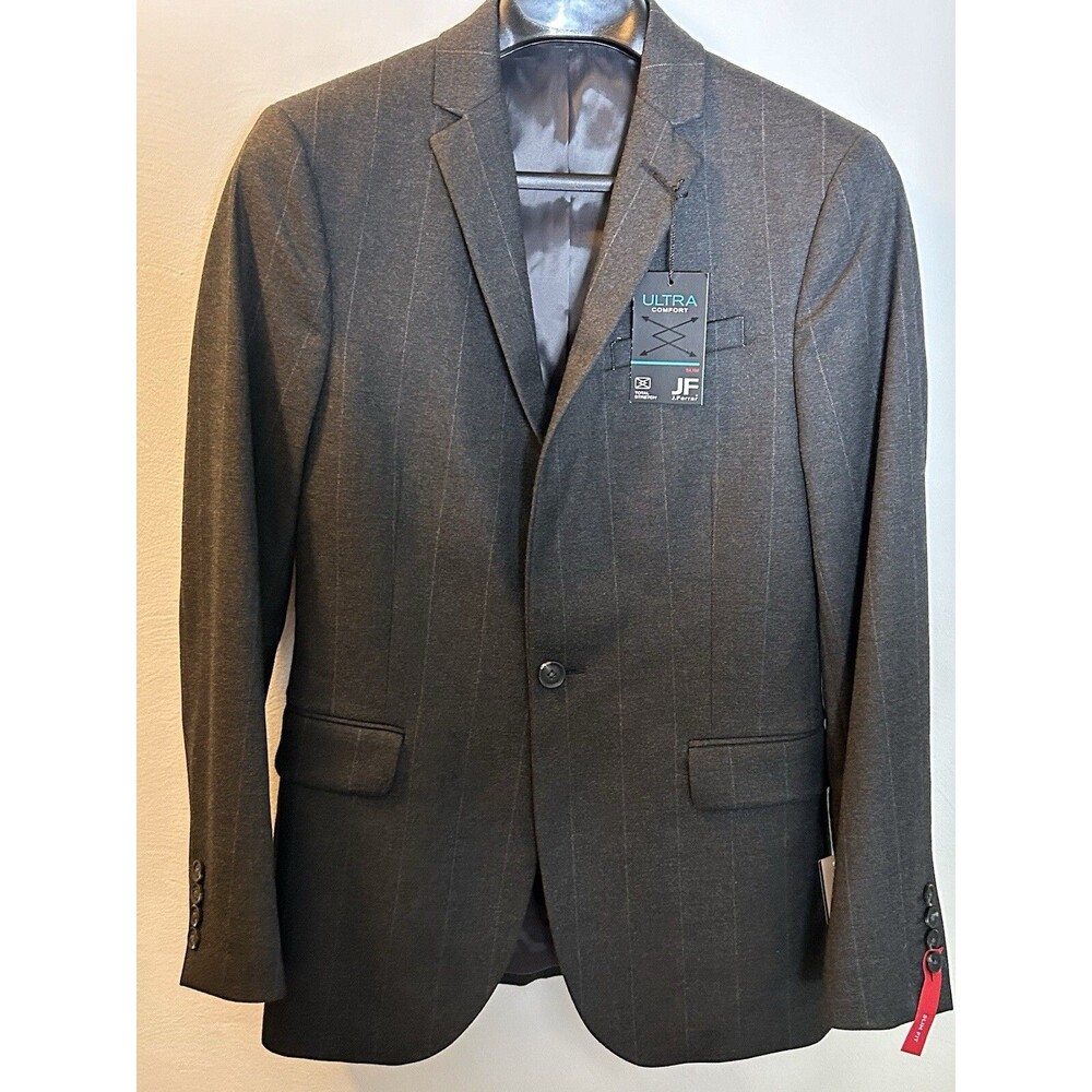 J Ferrar Slim Comfort Men Suit Jacket Blazer Stretch 36 Charcoal Chalk Stripe